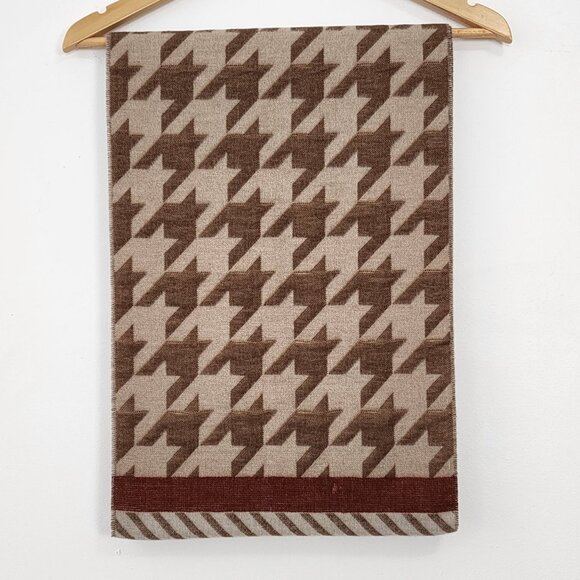 Reversible Houndstooth Stripe Pattern Beige Scarf Fringe Fall Fashion Cozy Soft - Picture 8 of 14